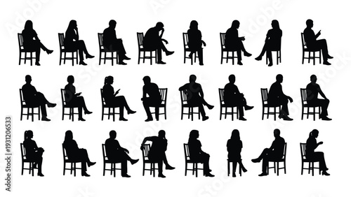 A group of people sitting in different positions on chairs isolated on white background, Vector