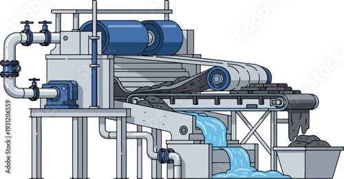 Industrial water treatment process illustration showing machinery and pipes with flowing water