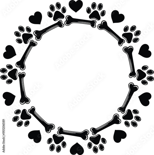 Dog Bone and Paw Heart Frame Circle Cute Pet Love Border Black Vector Illustration