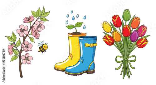 Vibrant spring flowers and rain boots with a buzzing bee