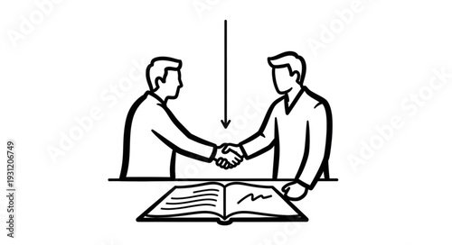 Two men shaking hands over an open book with an arrow pointing down.