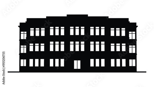 A large building with many windows is shown in silhouette isolated on white background, Vector