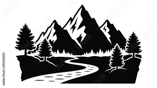 A black and white image of a mountain range with a river isolated on white background, Vector