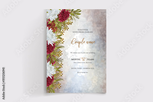 WEDDING INVITATION FRAME WITH FLOWER DECORATIONS AND FRESH LEAVES