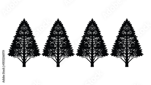 A row of three black silhouette trees on a white background isolated on white background, Vector