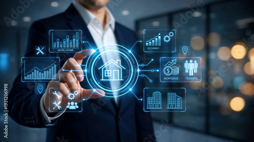 real estate management dashboard with rental income occupancy mortgage and tenants analytics on digital interface businessman using smart property technology