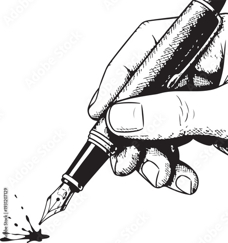 Close up sketch of hand holding fountain pen writing with ink splatters isolated on transparent background artistic illustration