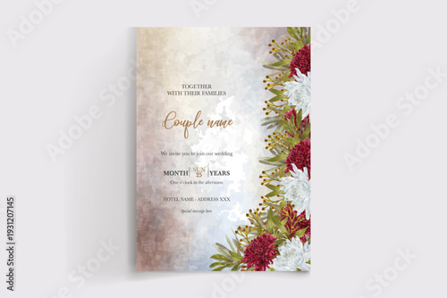 WEDDING INVITATION FRAME WITH FLOWER DECORATIONS AND FRESH LEAVES