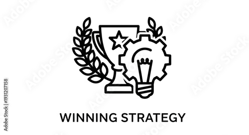 Winning strategy concept with trophy gear and lightbulb icon.