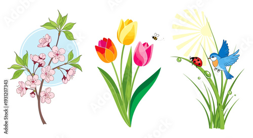 Vibrant spring flowers blooming with ladybug, bee, and blue bird