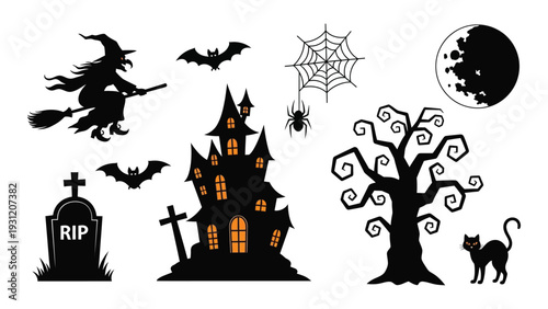 Halloween decorations in silhouette on a white background isolated on white background, Vector