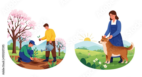 People enjoying outdoor activities in nature with pets and planting trees