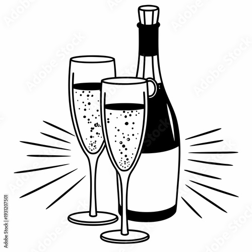 Wine glass and bottle with a champagne flute and glass of wine isolated on a white background for celebration and party toast