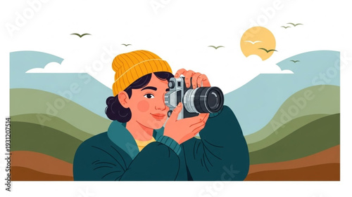 Woman photographer taking a picture outdoors in nature.