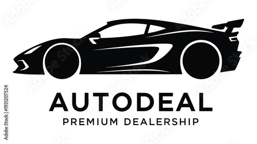 Autodeal premium dealership logo with sports car isolated on white background, Vector
