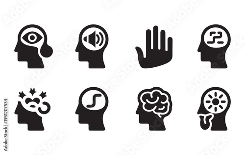 Mental Health and Human Psychology Concept Vector Icons Featuring Head Silhouettes with Brain Symbols for Neuroscience, Wellness, Artificial Intelligence, and Emotional Intelligence Branding