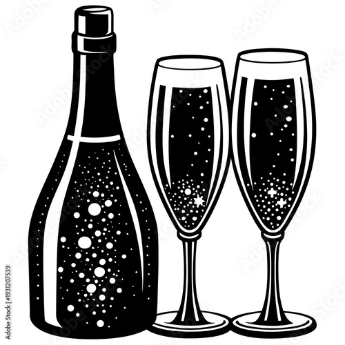 Glass of champagne with champagne bottle and flute in a festive celebration vector illustration