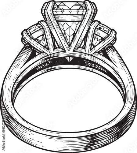 Luxury engagement ring with large diamond setting and sparkling precious gems hand drawn in exquisite vintage woodcut engraving vector style