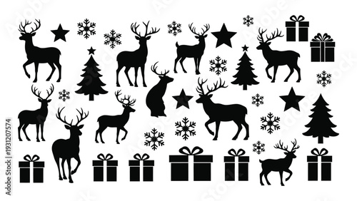 Black silhouettes of christmas icons on white background isolated on white background, Vector