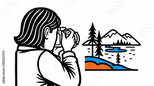 Woman taking a picture of a mountain landscape with trees and water.