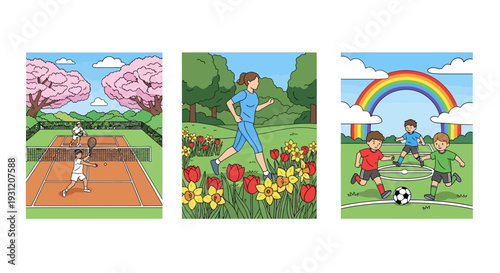 Vibrant outdoor activities featuring tennis, jogging, and soccer