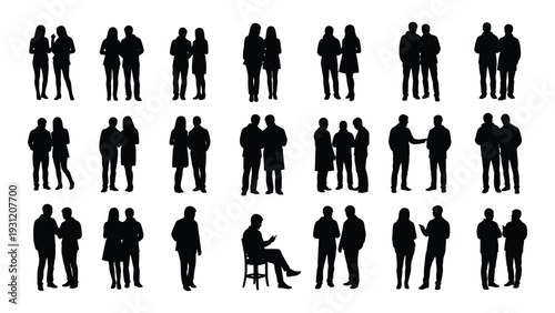 A collection of black silhouettes of people in various poses and outfits isolated on white background, Vector