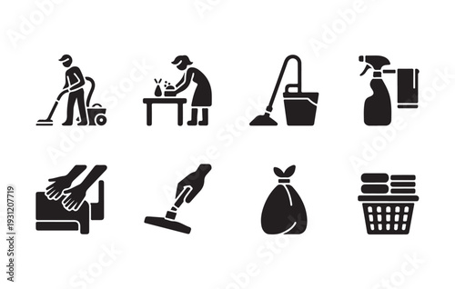 Cleaning and Janitorial Service Icon Set Minimalist Black Vector Silhouettes of Janitors Sweeping, Dustpans, Buckets, and Professional Maintenance Staff for Facility Management and Housekeeping Apps
