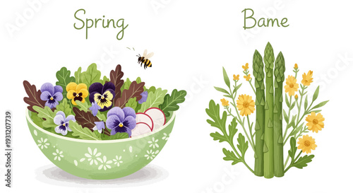 Fresh spring salad with colorful flowers and asparagus