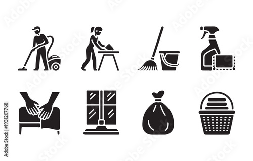 Cleaning and Janitorial Service Icon Set Minimalist Black Vector Silhouettes of Janitors Sweeping, Dustpans, Buckets, and Professional Maintenance Staff for Facility Management and Housekeeping Apps