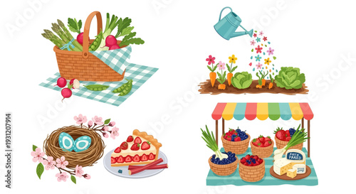 Vibrant spring market scene with fresh produce and flowers