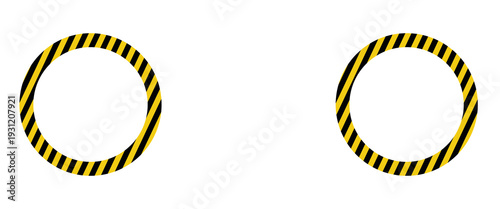 Yellow and black caution circle warning tape frame set. roadwork construction. designed for industrial safety. Caution tape border and safety stripe. Hazardous warning tape sets