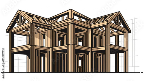 Wooden house frame construction blueprint architectural drawing.