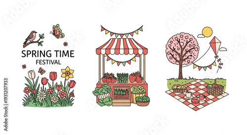Vibrant spring festival scene with market and picnic