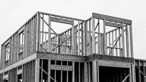 Wooden house frame construction in progress against a clear sky.