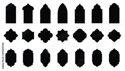 Old mosque windows shape in oriental style islamic door. Ramadan kareem silhouette icon. Mosque gate. Islamic arabesque pattern. Arabian muslim shape arch.