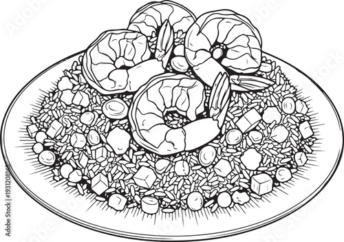 Shrimp paella on oval plate monochrome engraving vector illustration for seafood restaurant menu Mediterranean cuisine and cookbook graphics