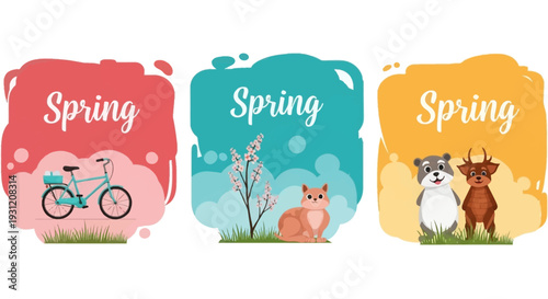 Vibrant spring illustrations with animals and bike in colorful backgrounds
