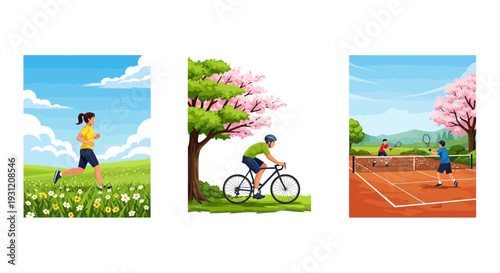 People enjoying outdoor activities in nature with cherry blossoms