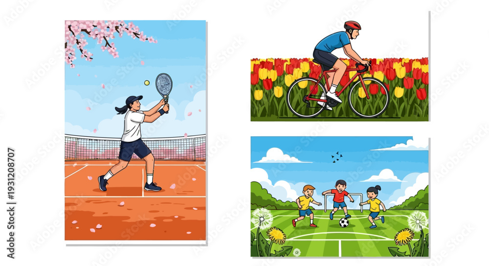 Obraz premium Cartoon sports illustrations of people playing tennis cycling and soccer in spring
