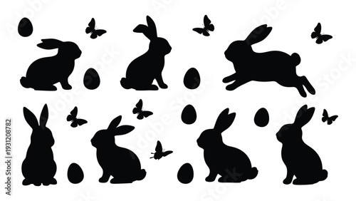 Black silhouettes of rabbits and birds on white background isolated on white background, Vector