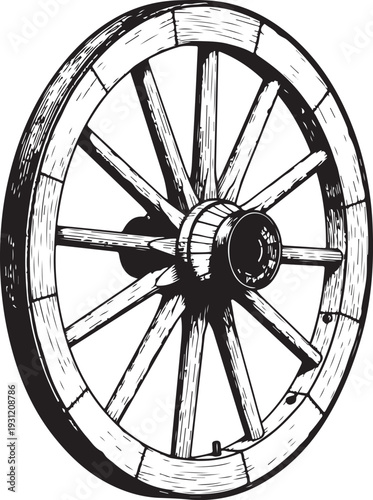 Vintage wooden wheel with spokes monochrome engraving vector illustration for rustic farm decor western theme party and antique shop branding