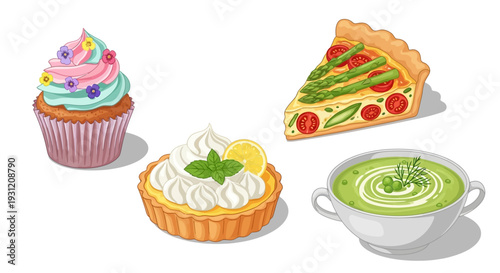 Delicious desserts and soup set with colorful toppings and garnishes
