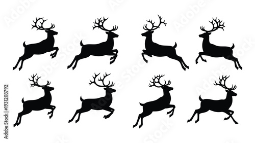 A group of running deer silhouettes isolated on white background, Vector