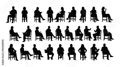 A group of people sitting in chairs in various positions isolated on white background, Vector