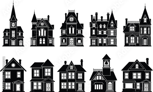 Vintage Black and White House Silhouette Icon Set Featuring Victorian Mansions Suburban Homes and Historic Residential Architecture for Real Estate Design,