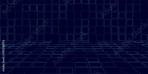 Blue HUD interface grid with digital square dots on black background. Futuristic user interface layout for technology design or tech dashboard.