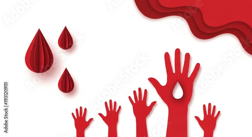 World Hemophilia Day A visually striking illustration of red hands reaching up with blood drops, symbolizing donation and health awareness