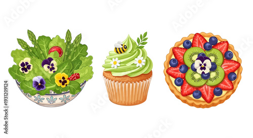 Delicious food illustrations featuring fresh salad, cupcake, and fruit tart