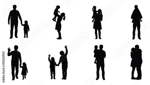 Silhouettes of people with children in various poses isolated on white background, Vector