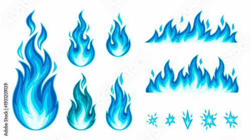 Set of different blue fire flame illustrations with magical energy sparks and burning borders, concept for game interface design, magic power visual effects and fantasy character assets